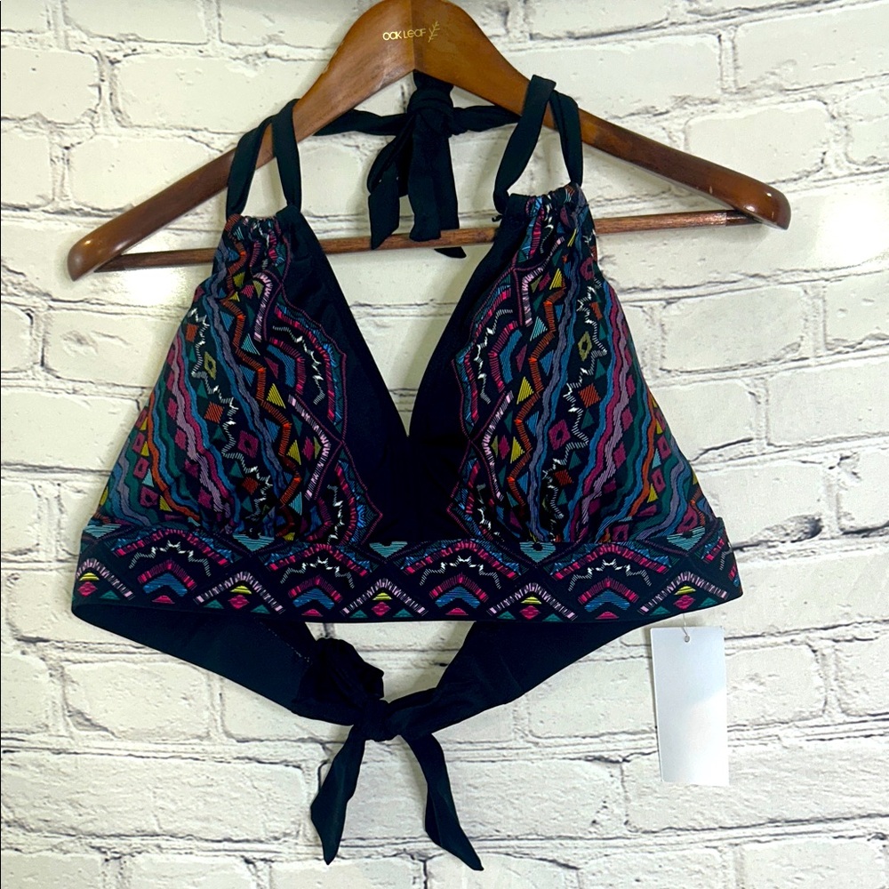 Meet Curve Black & Colorful Pattered Halter Style Swimsuit Top Size 3XL New